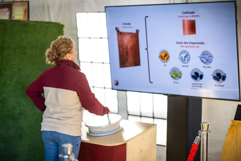 A woman turns a hand crank to learn more on a large screen displaying an explanatory video animation.