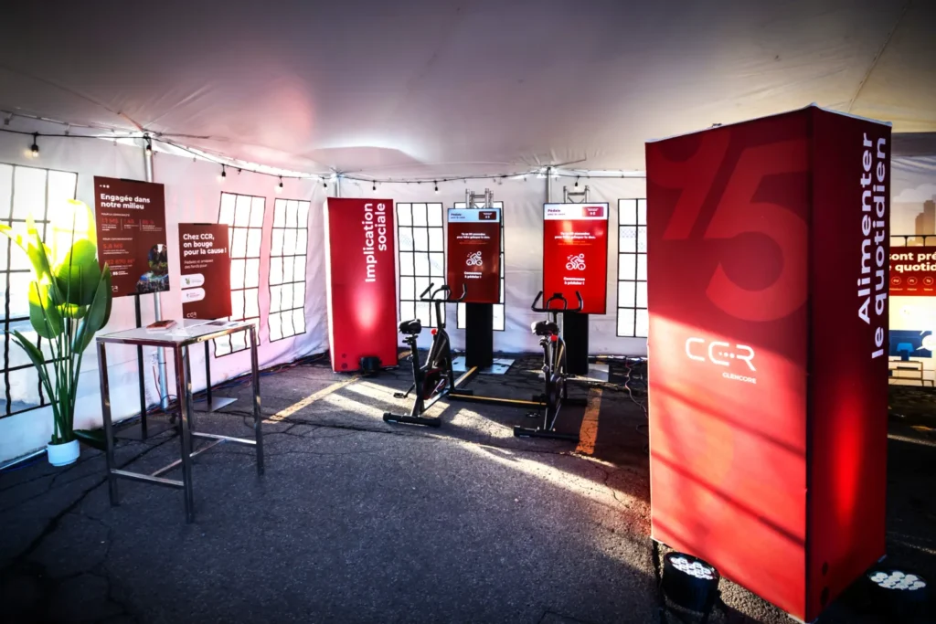 Interactive installation in a corporate event with two interactive bikes in front of monitors