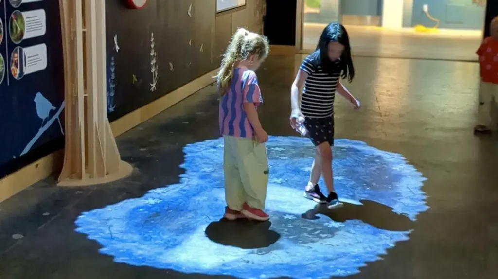 Des enfants interagissent sur une projection interactive d'hiver au sol au Muskoka Discovery Centre réalisée par Simbioz